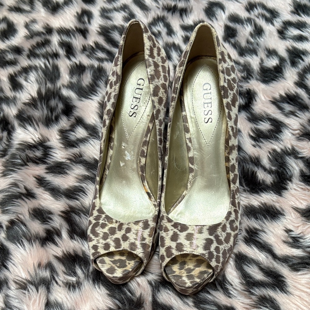 GUESS Animal Print Shiny Shimmery Peep Toe Heels